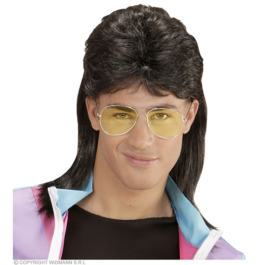 pruik, mullet met bril zwart