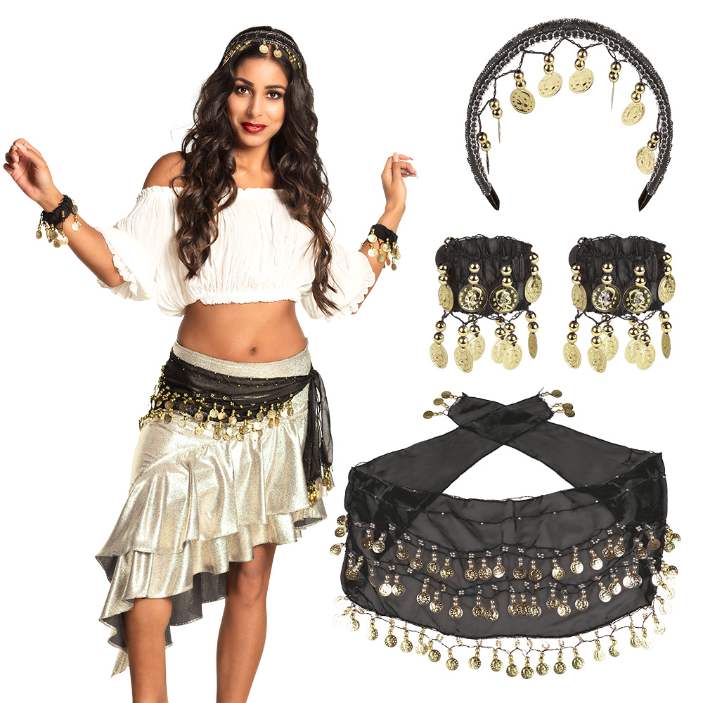 Set Belly dance zwart (hoofdband, armbanden en ceintuur)