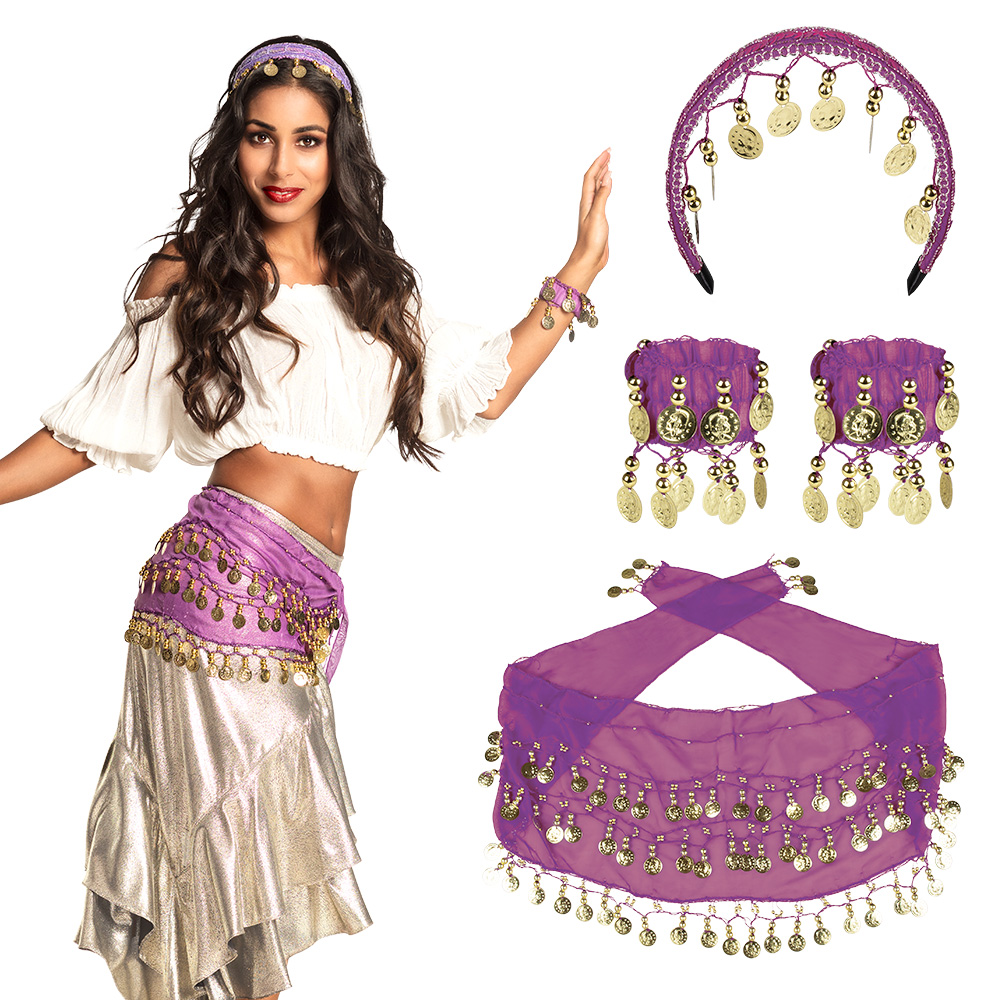 Set Belly dance paars (hoofdband, armbanden en ceintuur)