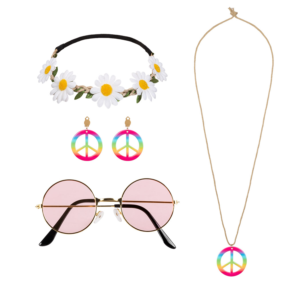 Set Hippie de luxe (hoofdband, partybril, oorbellen en ketting)