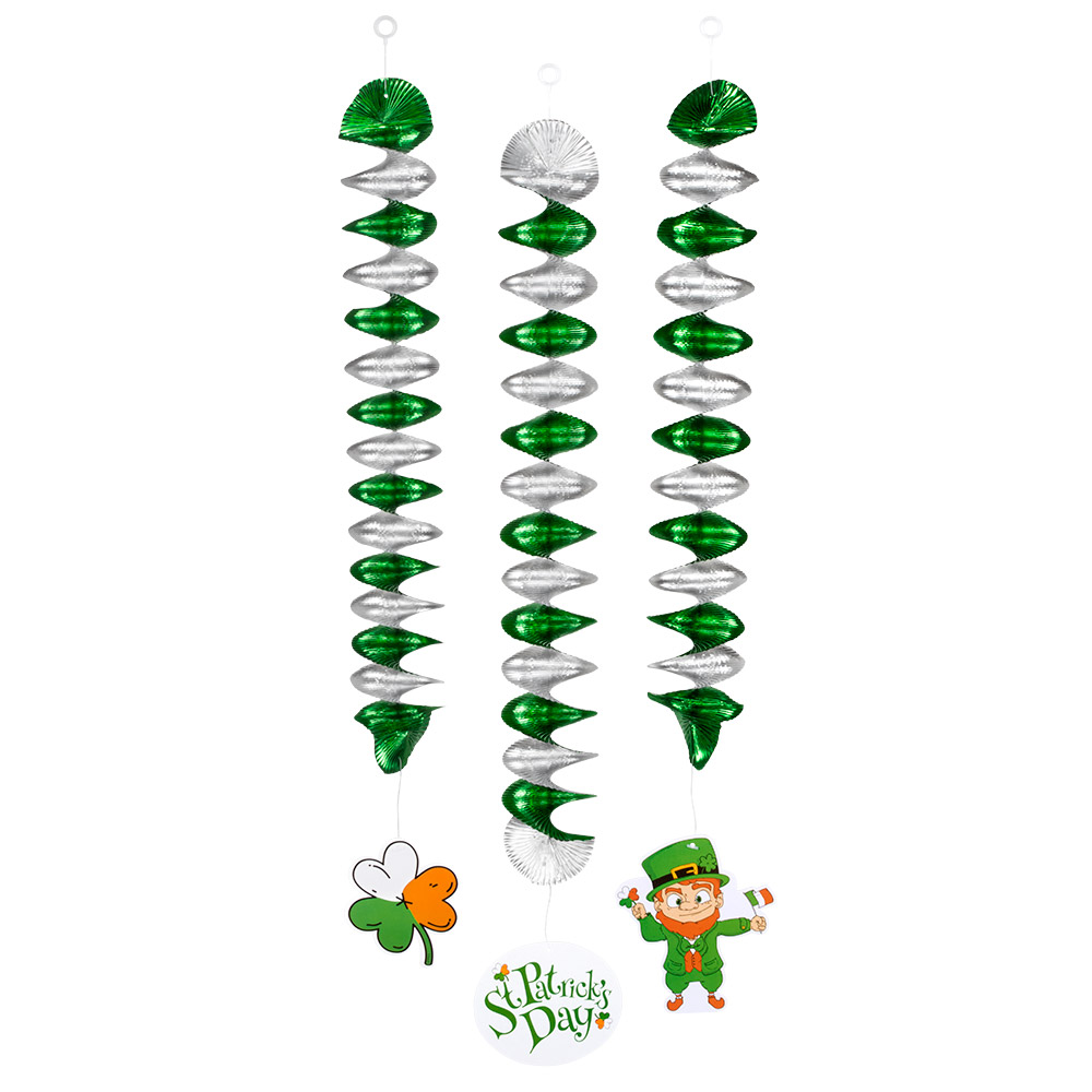 Set 3 Decoratiespiralen St Patrick's Day dubbelzijdig 3 designs (60 cm)