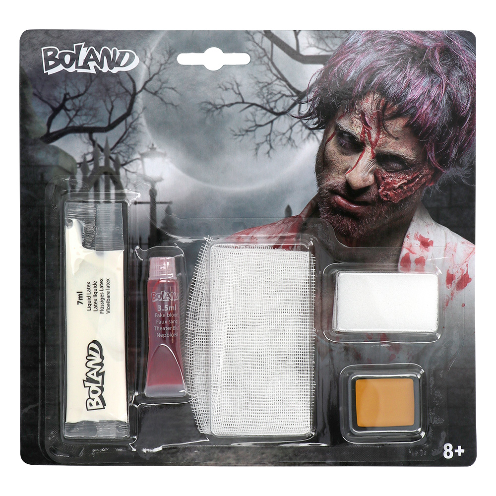 Make-up kit Undead (vloeibare latex, nepbloed, spons, wit gaas, schmink)