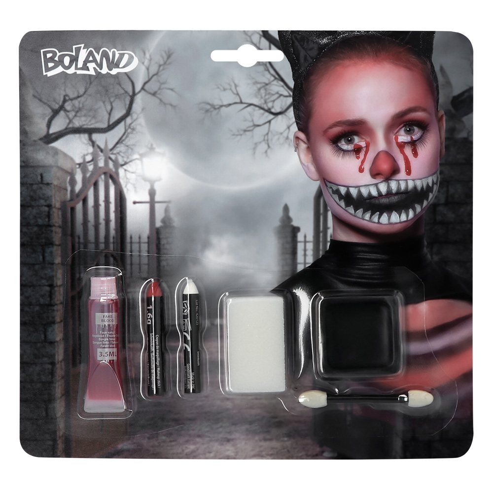 Make-up kit Crazy cat (nep bloed, vetschmink, schminksticks, applicator en spons)