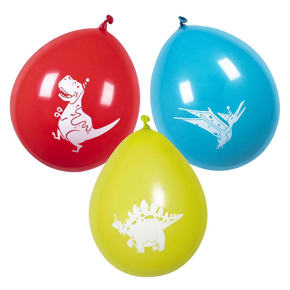 Set 6 Latex ballonnen Dino party 3 kleuren dubbelzijdig (Ø 25 cm)