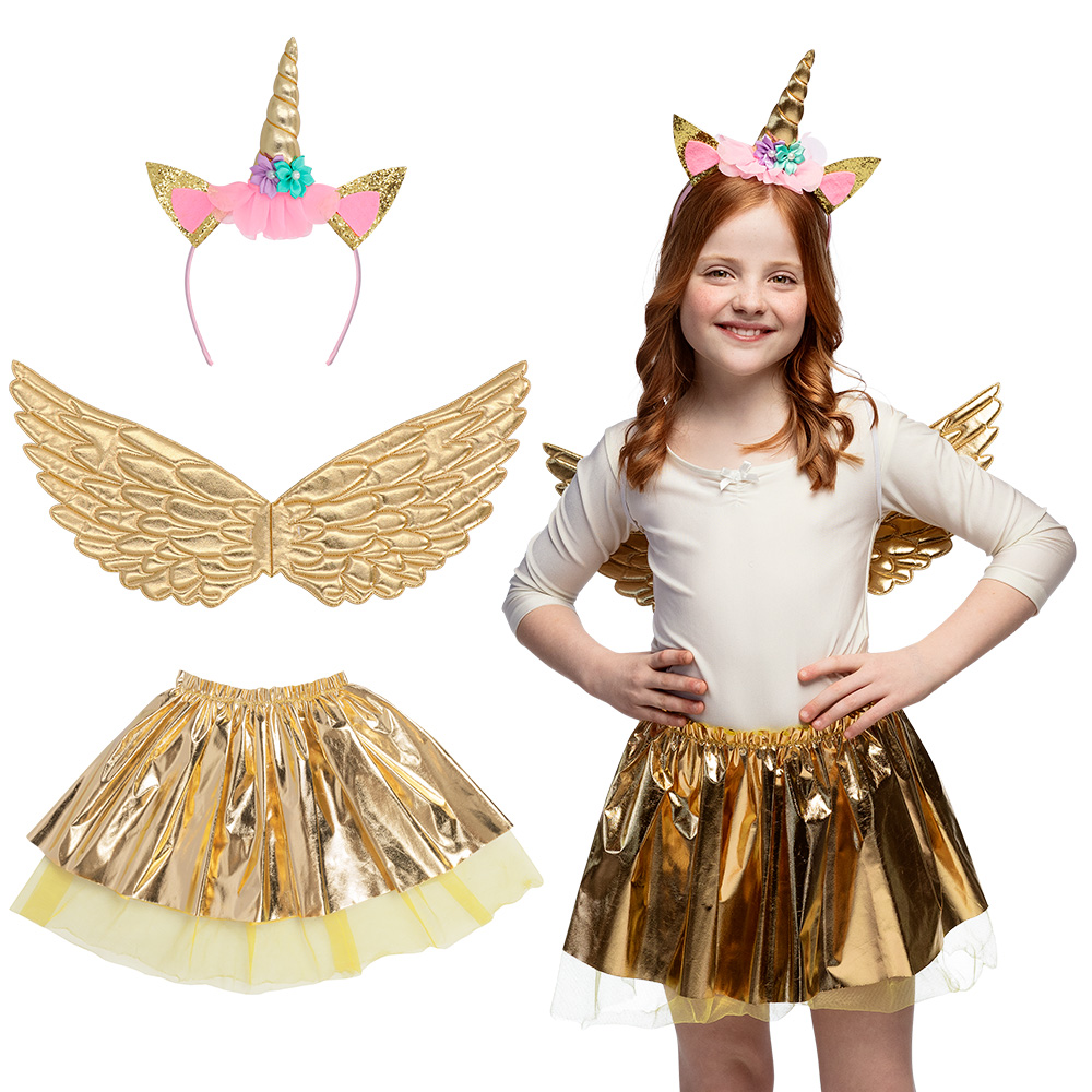 Set Eenhoornfee goud (tiara, vleugels en tutu)