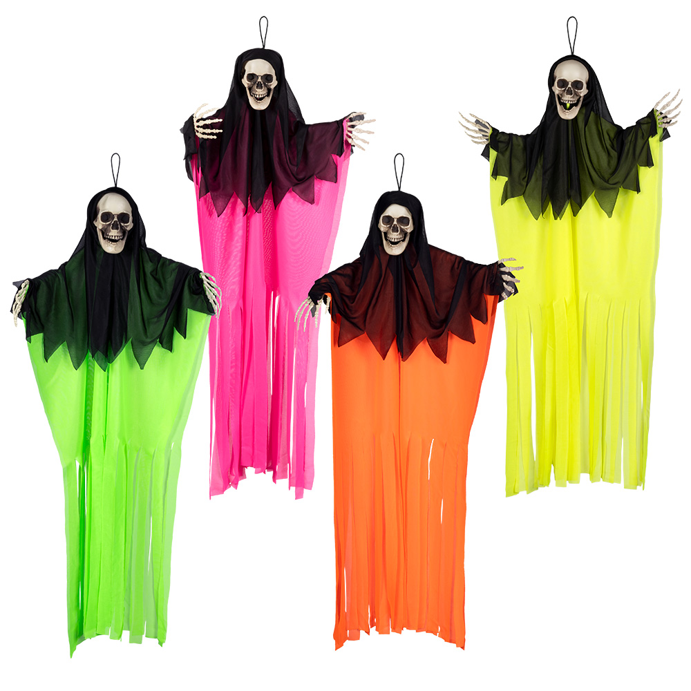 St. Hangdecoratie Schedelspook 4 neonkleuren ass. (90 cm)