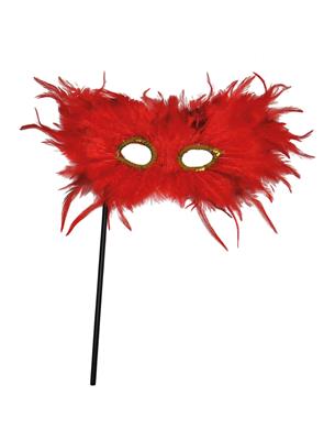 Oogmasker met veren op stok rood