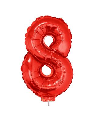 Folieballon 16" met stokje cijfer 8 rood