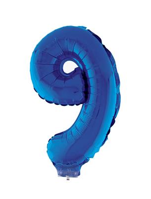 Folieballon 16" met stokje cijfer 9 blauw