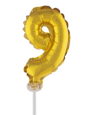 Folieballon 5" met stokje cijfer 9 goud