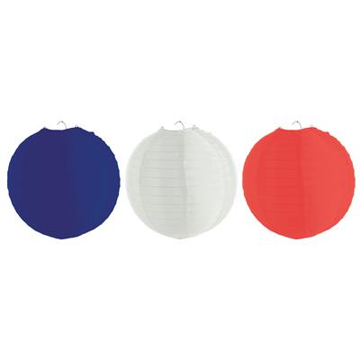 3 Lampionnen nylon 30 cm blauw wit rood