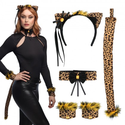 Set Cute Leopard (Diadeem, choker, 2 armbanden, staart)